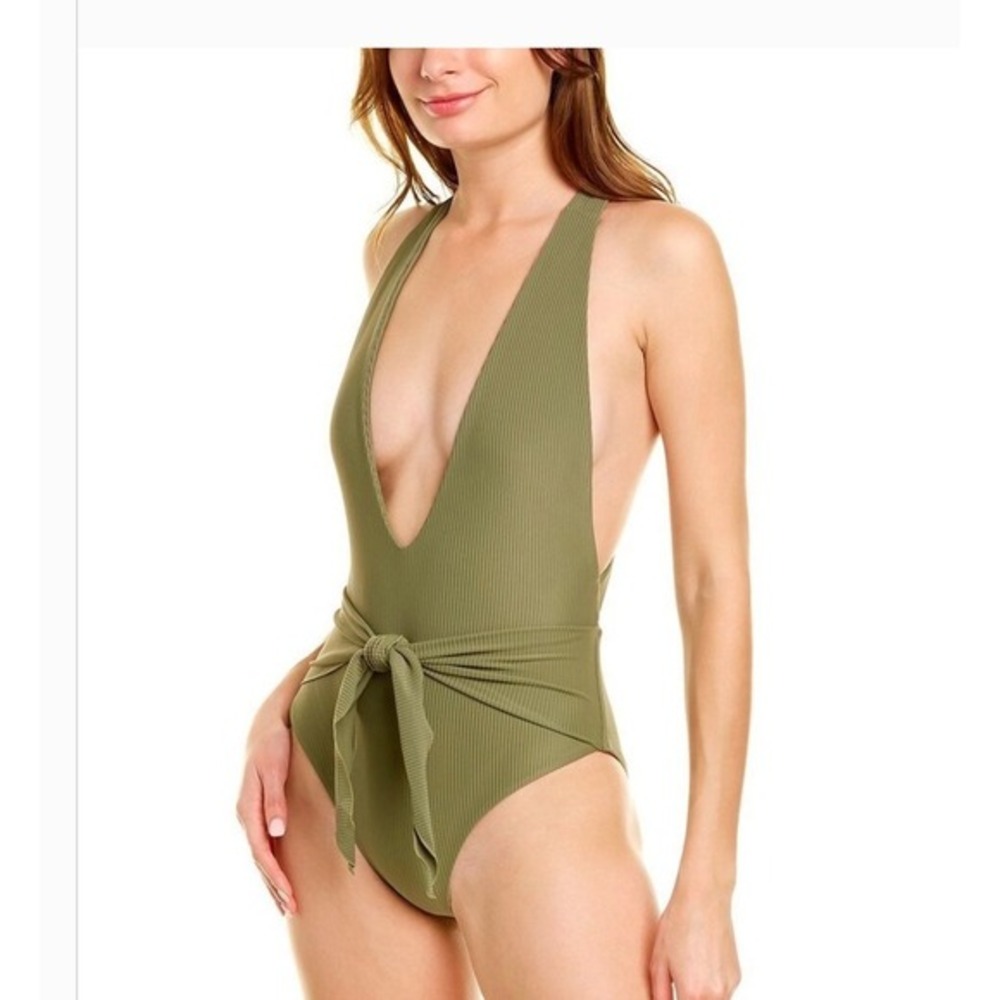 Juillet Georgia One Piece Swimsuit Sage Rib Olive Green Plunge V-Neck Size L NWT